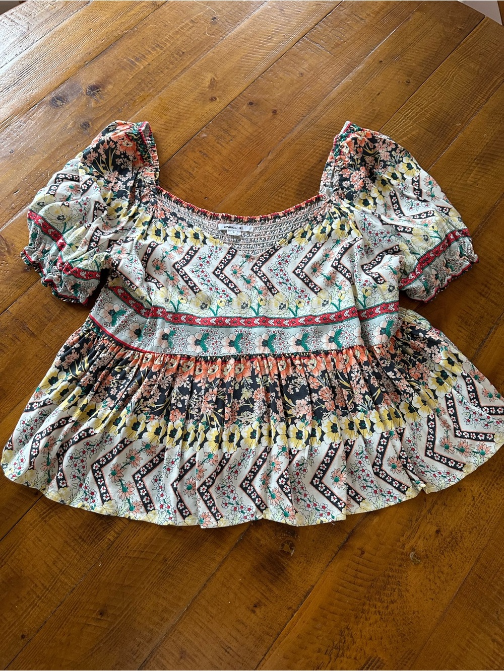O'Neill Floral Chevron Peasant Top in Cream, Black, Yellow & Coral